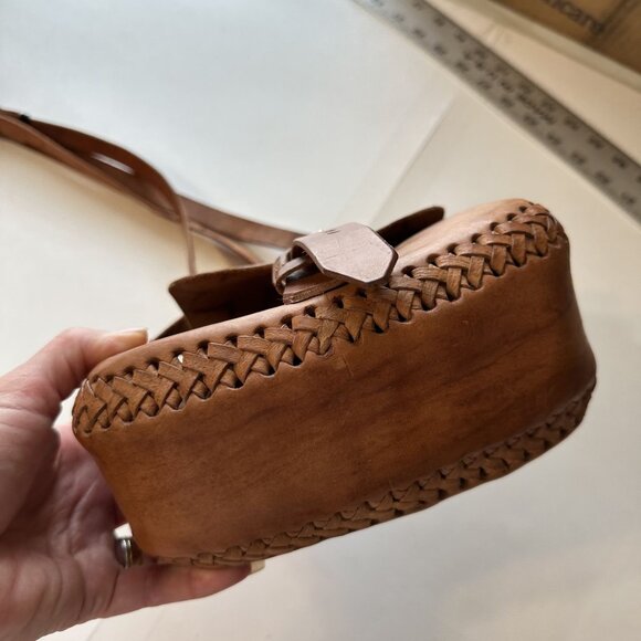 Handcrafted Brown Leather Crossbody Bag Floral Embossed Purse Adjustable Strap - Picture 5 of 7